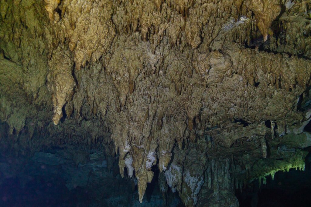 Uma floresta de estalactites bege que desce em direção à água escura, com uma coluna no centro e um brilho verde à direita