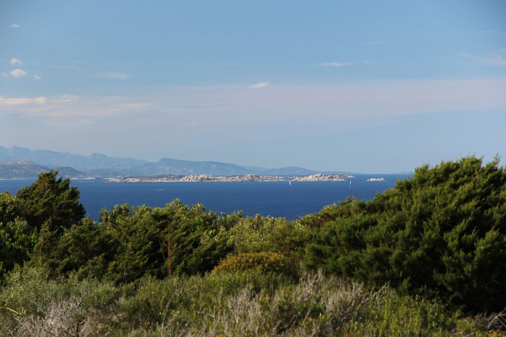 Vista do mato da costa sobre uma longa ilha baixa feita de blocos de granito claro, num mar azul-escuro, com um veleiro ao pé dela e montanhas azuladas no horizonte.