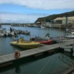 Botes semirrígidos, um amarelo com fileiras de assentos e um vermelho, atracados no píer da marina de Vila do Porto, com veleiros e barcos de pesca ao fundo sob um penhasco verde e um céu nublado