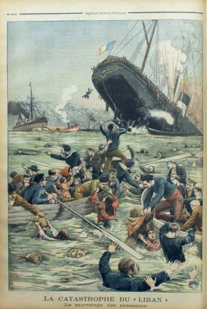 Gravura colorida do Liban afundando com a proa erguida e a bandeira tricolor no mastro, enquanto marinheiros puxam para os botes passageiros caídos na água, sob o título A catástrofe do Liban, o resgate dos passageiros.
