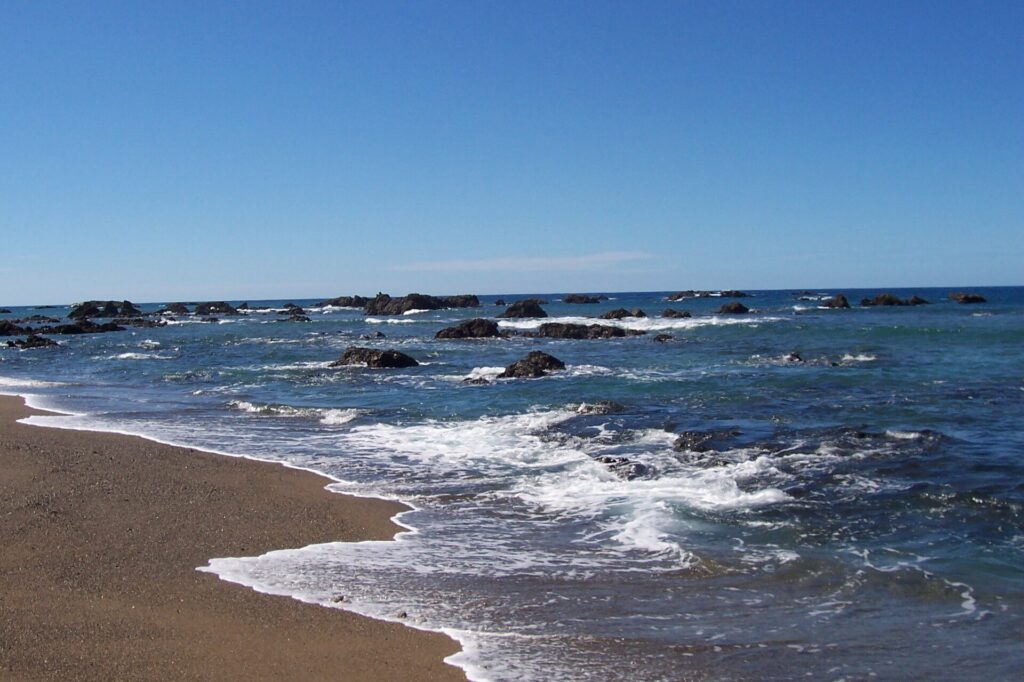 Uma praia de areia marrom-dourada onde chegam ondas com franjas de espuma, diante de um mar azul salpicado de rochas negras até o horizonte, sob um céu sem nuvens.