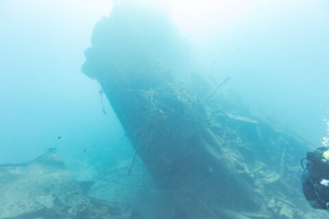 A popa partida do Thistlegorm, erguida e inclinada no azul, com um mergulhador à direita