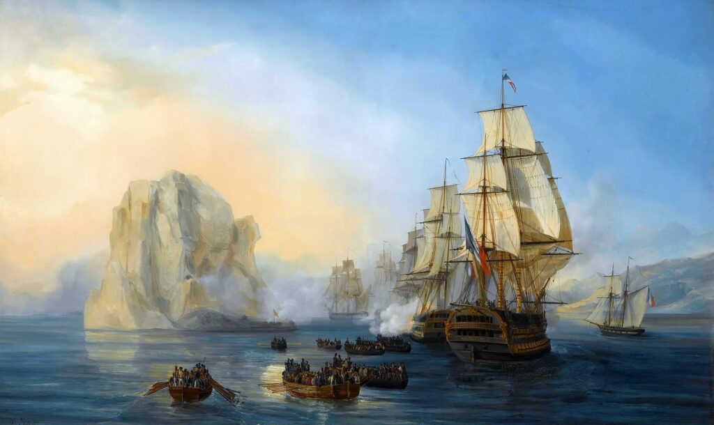 Pintura de uma esquadra francesa com todas as velas abertas disparando canhões contra um grande rochedo claro, enquanto botes cheios de soldados remam em sua direção