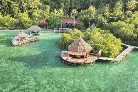 Vista aérea do Raja Ampat Dive Lodge, com píeres sobre palafitas e telhados vermelhos sob as palmeiras