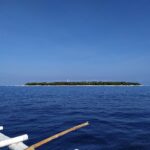 A ilha plana e arborizada de Balicasag no horizonte, com o farol branco e a faixa de areia clara, vista de uma bangka cujos flutuadores brancos ocupam o primeiro plano, sob um céu azul sem nuvens.
