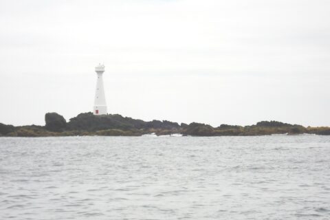 Um farol branco e esguio de porta vermelha se ergue na ilhota baixa e rochosa de Formigão, com rochas escuras orladas de algas marrons, acima de um mar cinza e agitado sob um céu encoberto